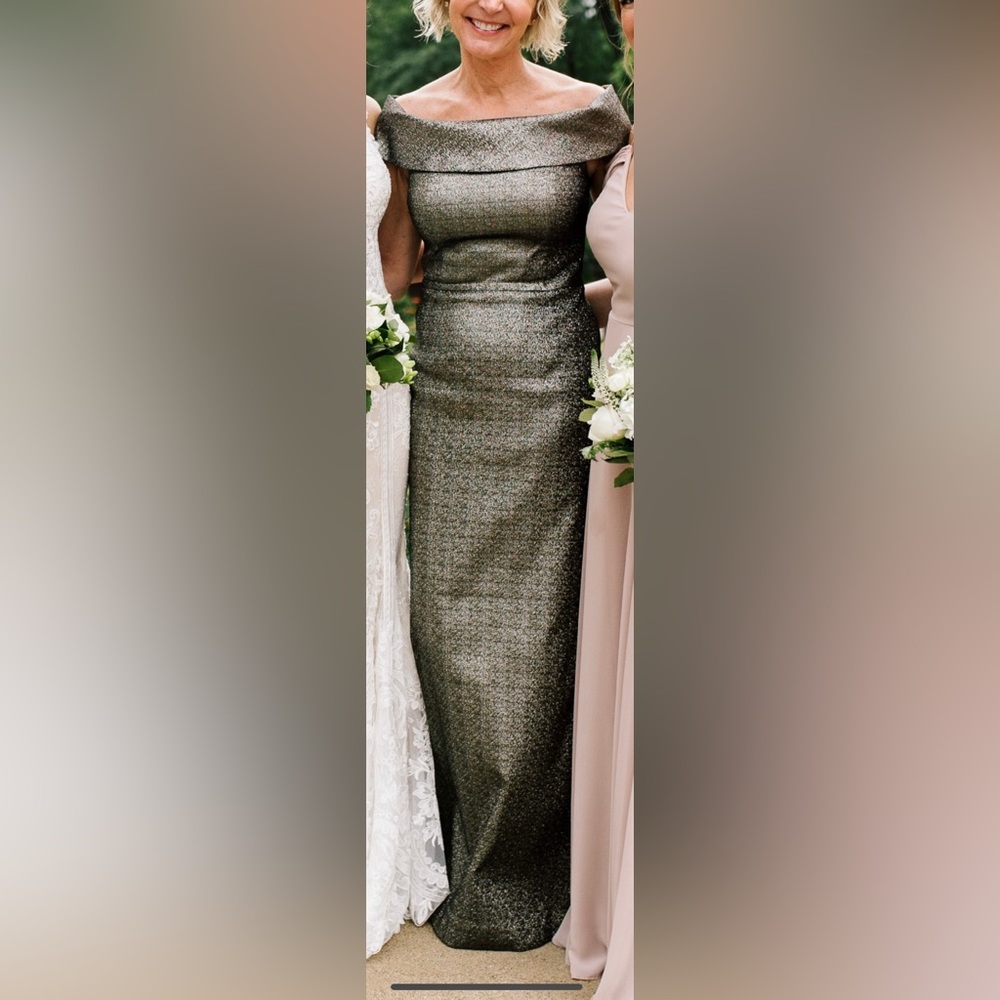 Teri Jon by Rickie Freeman Metallic Jacquard Off-the-Shoulder Gown in Bronze